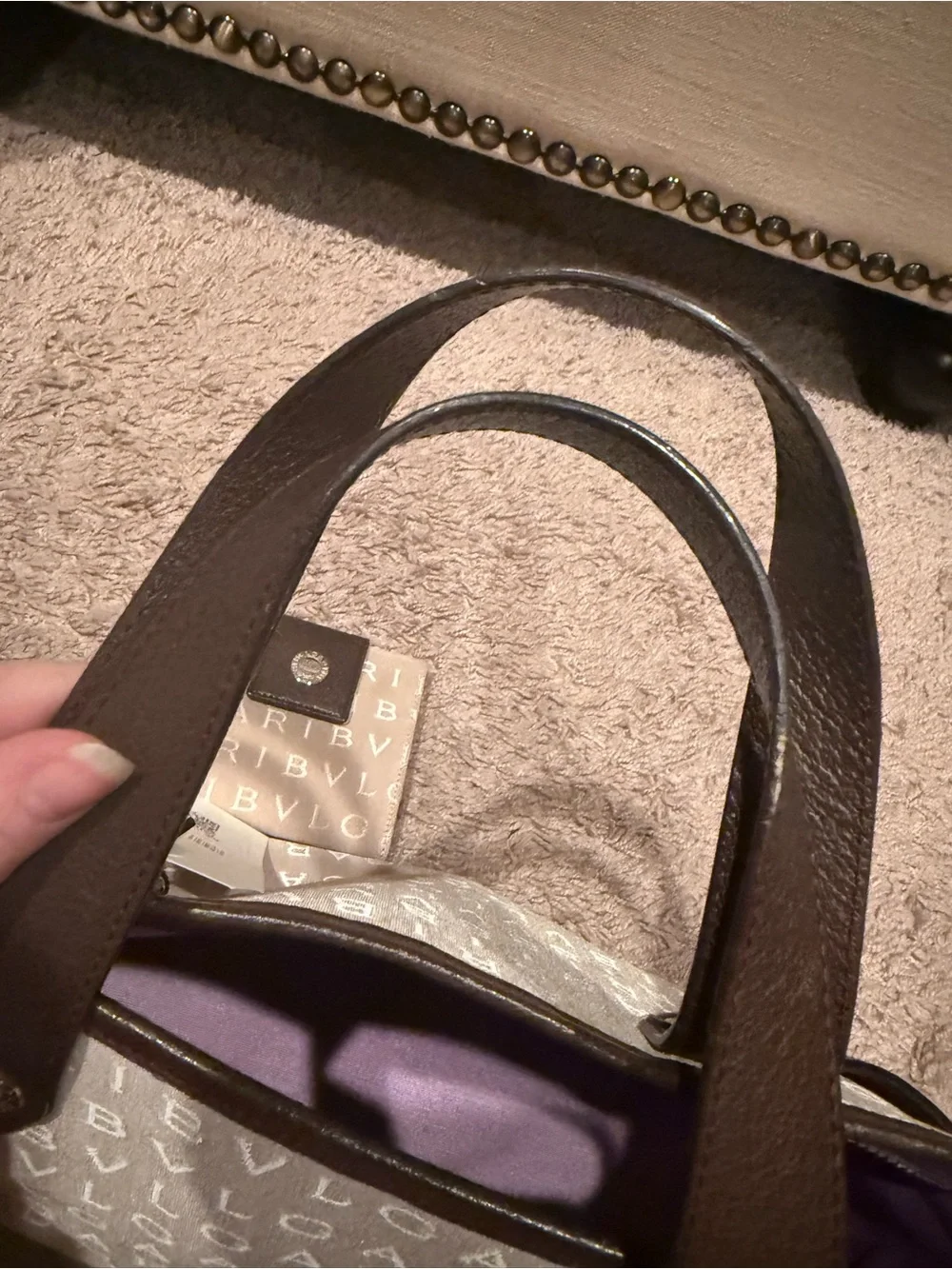 Bulgari Cream Canvas Logo Tote with Brown Leather Trim with matching wallet